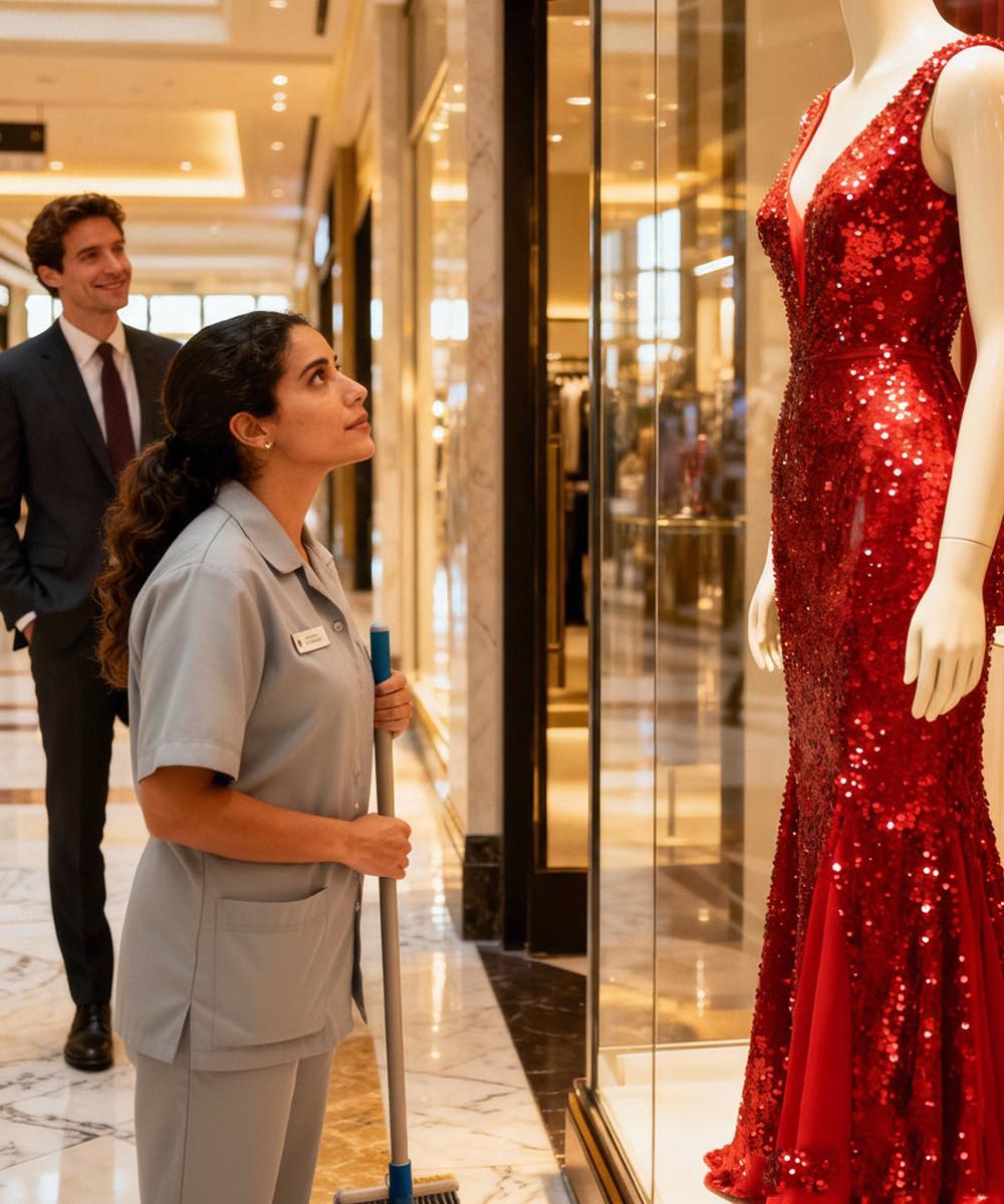 Después de 7 años de divorcio, encontró a su exesposa trabajando como limpiadora, mirando en silencio un vestido de un millón de dólares detrás del escaparate.