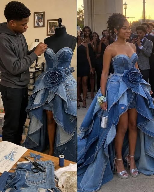 Mi madrastra se burló del vestido de graduación que mi hermano menor me cosió con los vaqueros de nuestra difunta madre, pero el karma tenía