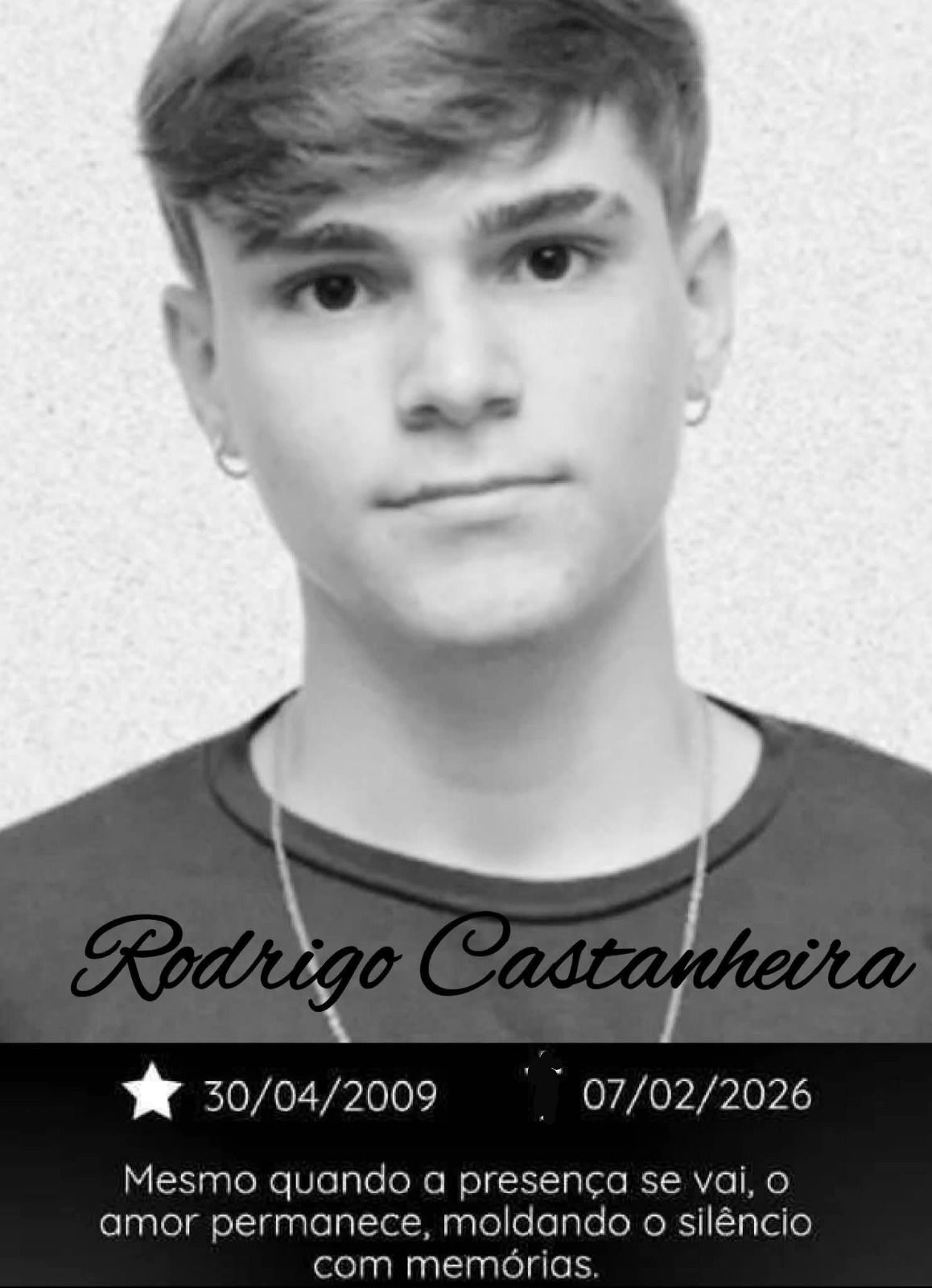 Comunicamos o falecimento de Rodrigo Castanheira, aos 16 anos