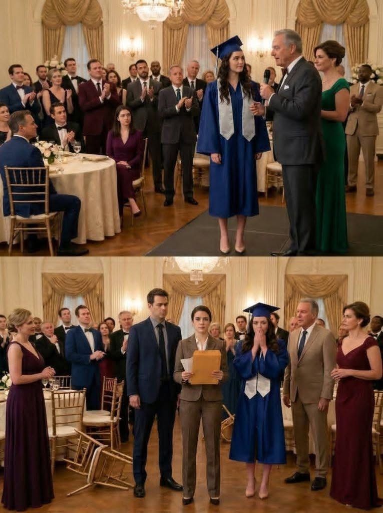 Mis padres siempre me llamaban “la tonta”, mientras que mi hermana consiguió una beca completa para Harvard. El día de su graduación, papá dijo que lo heredaría todo: un Tesla nuevo y una mansión de 13 millones de dólares. Me senté a un lado, en silencio, hasta que entró un desconocido, me entregó un sobre y susurró: “Ahora es el momento de mostrarles quién eres realmente.” El salón se volvió loco por mi hermana incluso antes de que subiera al escenario. Luces doradas, luces estroboscópicas, risas empapadas en champán: todo en este salón de baile del hotel parecía girarse hacia Vanessa, como si la gravedad la atrajera. “Mírala”, susurró mi madre, aferrándose a su collar de perlas como si le atragantara el orgullo. “Graduada de Harvard. Mi chica brillante.” Entonces papá se recostó en su silla, con la voz lo suficientemente alta para que la mitad del comedor la oyera. “Y gracias a Dios que una de mis hijas ha heredado cerebro.” Todos en la mesa se rieron. No es educado. No nervioso. Se reían como uno se ríe cuando la crueldad se ha convertido en una tradición familiar. Me senté al fondo, cerca de las puertas laterales, con un traje de antracita que nadie apreciaba nunca, y llevaba una hora bebiendo agua tibia. Aprendí pronto que el silencio era más seguro que defenderse. Cada protesta se convertía en una prueba. Cada éxito traía riqueza. Cada error me hizo apodar: “El Tonto”. Así me llamaban en casa. Vanessa tomó clases de violín, asistió a un campamento de verano para clubes de debate, tuvo tutores privados y un consultor que había tallado su solicitud en Harvard como si fuera canica. Recibí libros de texto usados, ceño fruncido y la frase favorita de mi padre: “No malgastemos dinero para inculcar talento en el niño equivocado.” Así que dejé de preguntar. Aprendí por mi cuenta. Escuché. Lo recordé. Aprendí lo que la gente revelaba cuando pensaba que era demasiado tonto para entenderlos. En el escenario, Vanessa alzó su copa. Llevaba seda blanca y una sonrisa tan afilada que podía atravesarte. “No podría haberlo hecho sin mamá y papá”, dijo. “Siempre creyeron en mí.” Su mirada se posó en mí. Su sonrisa se ensanchó. Los aplausos en el salón se hicieron más fuertes. Papá se levantó para su brindis, ya rojo por el bourbon caro y la victoria. “Esta noche es sobre la herencia”, anunció. “Vanessa se ha ganado su lugar en el futuro de esta familia. Por eso lo digo muy claro: va a heredar la finca Belmont, el nuevo Tesla que espera fuera y la casa de 13 millones de dólares en la costa que acabamos de comprar a su nombre.” Una oleada de tensión se extendió por la sala. Vanessa se tapó la boca con los dedos bien cuidados. “Papá…” “Y en cuanto a ciertas otras personas,” añadió, sin siquiera mencionar mi nombre, “la vida recompensa el rendimiento, no las excusas.” Mi madre solo se giró lo suficiente para mirarme. “Deberías alegrarte por tu hermana, Claire. La envidia es algo malo.” Envidia. Casi me río. Porque no era la envidia lo que me apretaba la garganta. Era un recuerdo. Documentos fiscales que estaban abiertos en el escritorio de papá. Transferencias extrañas entre empresas de buzón. La noche que escuché a Vanessa bufar: “Si Claire alguna vez se entera de lo que has hecho con el fondo fiduciario de la abuela, se acaba entre nosotros”, pasé dos años en el Pregunta Dunkeln. Simplemente no sabía cuándo necesitaría las respuestas. Entonces se abrieron las puertas traseras. Un hombre con una capa oscura entró, con el pelo canoso en las sienes y su postura impecable. No era miembro de la familia. No era profesor. No era un guardia de seguridad. Se movía por la habitación como si perteneciera a otra historia, una que nadie allí conocía. Se detuvo junto a mi silla. Nuestras miradas se cruzaron por un momento. Luego colocó un sobre pesado color crema sobre la mesa y se inclinó tanto hacia delante que solo yo podía oírle. “Tu abuela me pidió que esperara hasta que estuvieran seguros de que te quedarías en silencio”, susurró. “Se equivocaba en muchas cosas. No en ti.” Se me congeló el corazón. Empujó una tarjeta de visita junto al sobre. Elias Mercer, abogado. Luego siguieron las palabras que rompieron el silencio de la noche: “Ahora es el momento de mostrarles quién eres realmente.” … Lee más en los comentarios 👇
